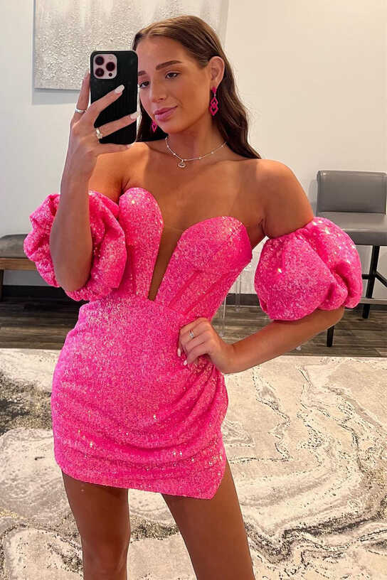 Hot Pink Strapless Sequins Homecoming Dress with Detachable ...