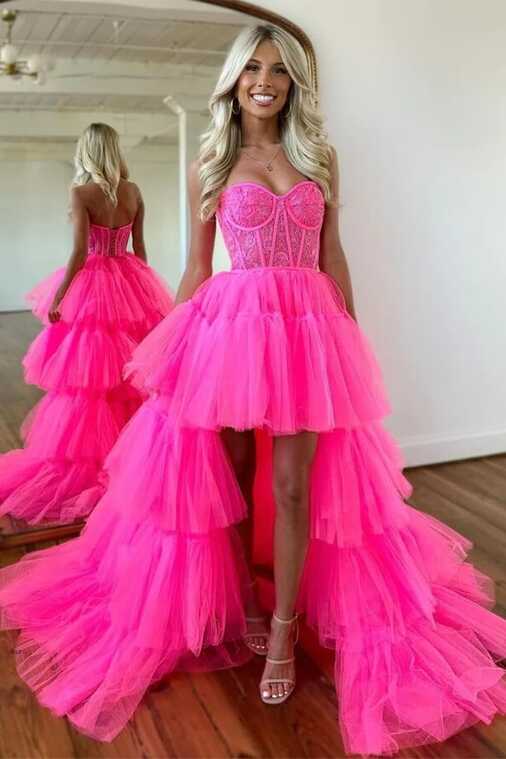 Hot Pink Tiered High Low Sweetheart Prom Dress MP777 | Musebridals