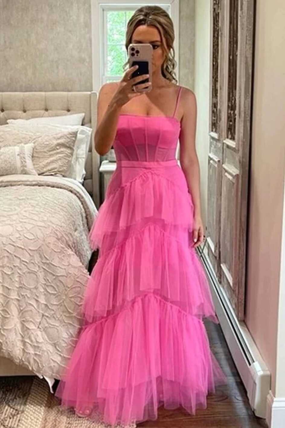 Hot Pink Tulle A Line Floor Length Simple Prom Dress PL533 | Promnova