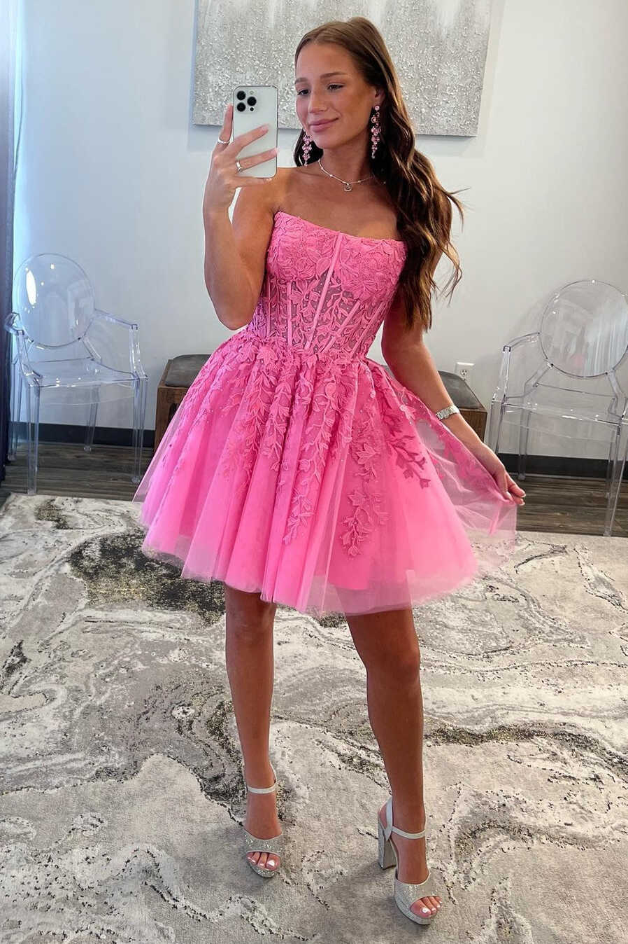 Hot Pink Tulle Strapless A-Line Short Gown with Appliques – Modsele