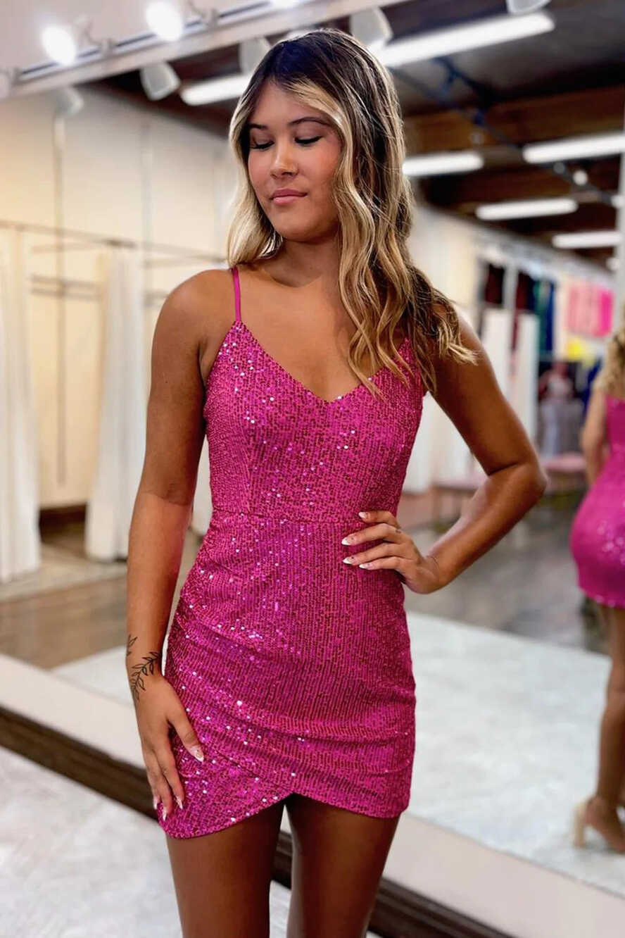 Hot Pink V Neck Sequin Mini Homecoming Dress Tight Short Prom ...