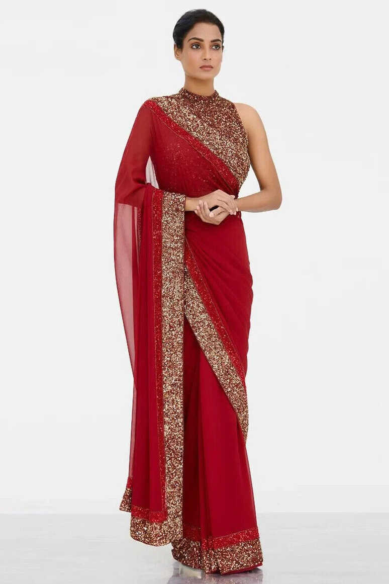 Hot Red Sari Indian Sequins Work Sari Wedding Georgette Saree ...