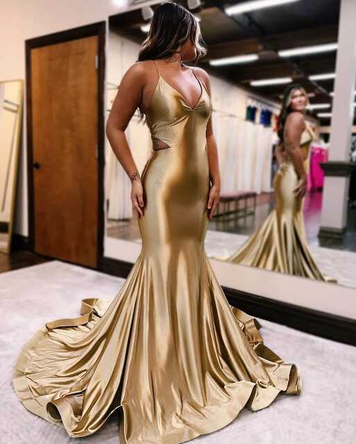 Hot Simple Gold Prom Dresses 2024 Satin Mermaid Formal Dress ...