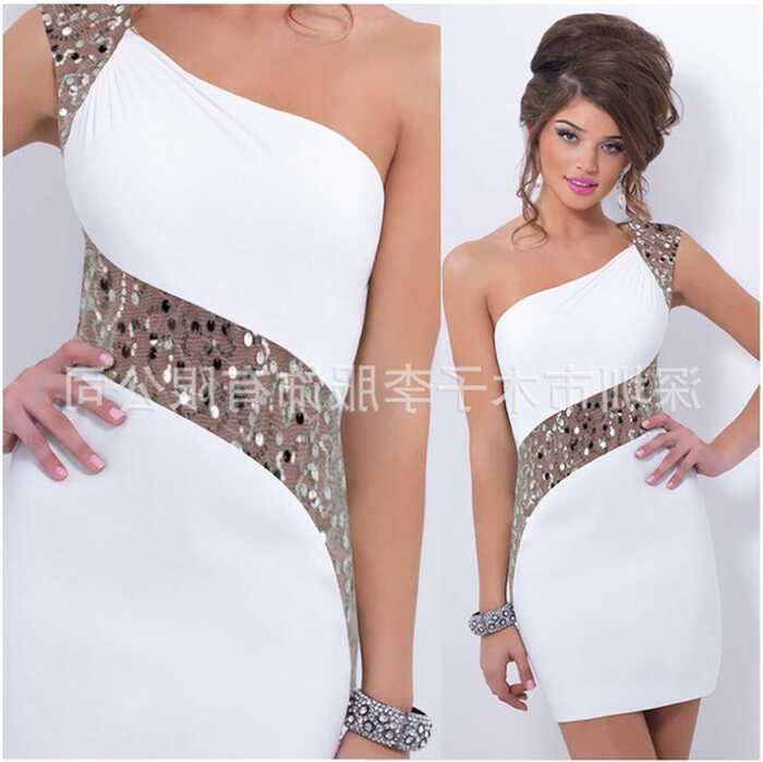 Hot Women One Shoulder Sequined Short Evening Dress Elegant Short ...