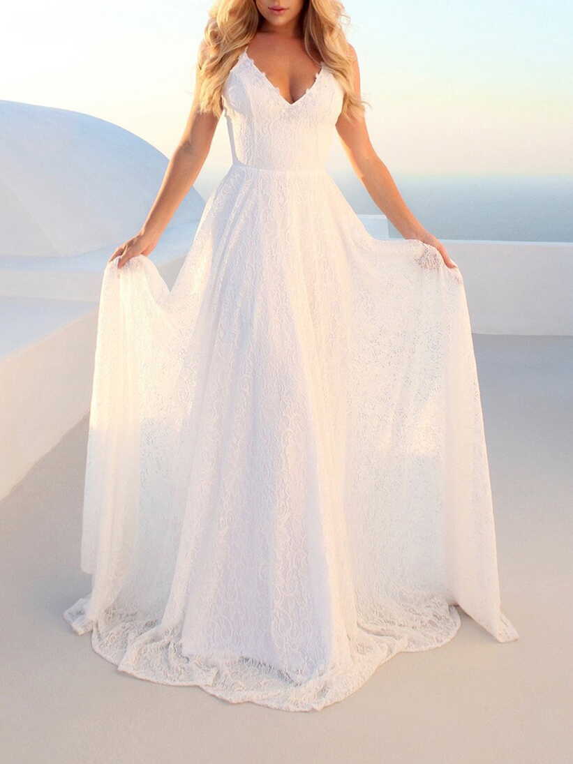 Huakaishijie Women Long Maxi Lace V Neck White Wedding Dress Party ...