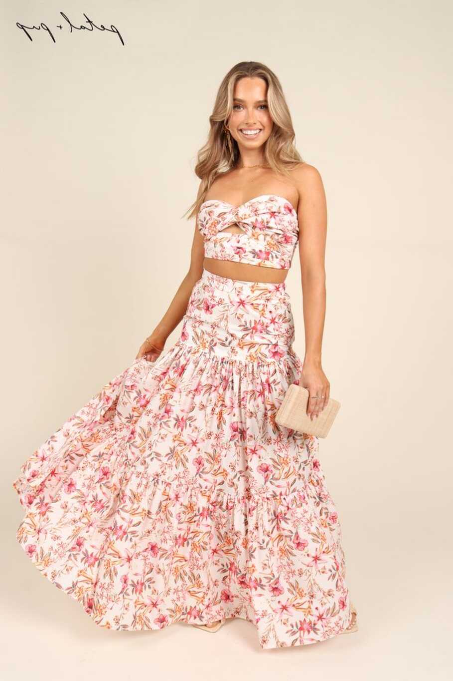 Hydra Top &amp; Maxi Skirt (White Floral) - Floral Two Piece Skirt Set