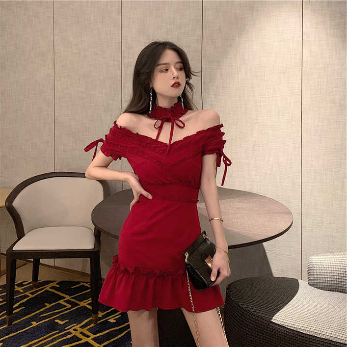 IELGY Women&#39;s dress dress V-neck fashion casual simple red one ...