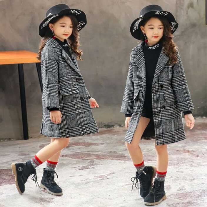 IN stock】2023 Girls Coat Fashion Plaid Wool Coat Girls Double ...