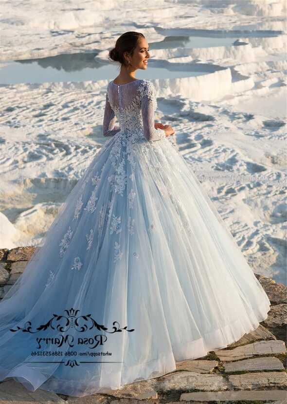 Ice Blue Ball Gown Wedding Dress With Long Sleeves, Vintage Lace ...