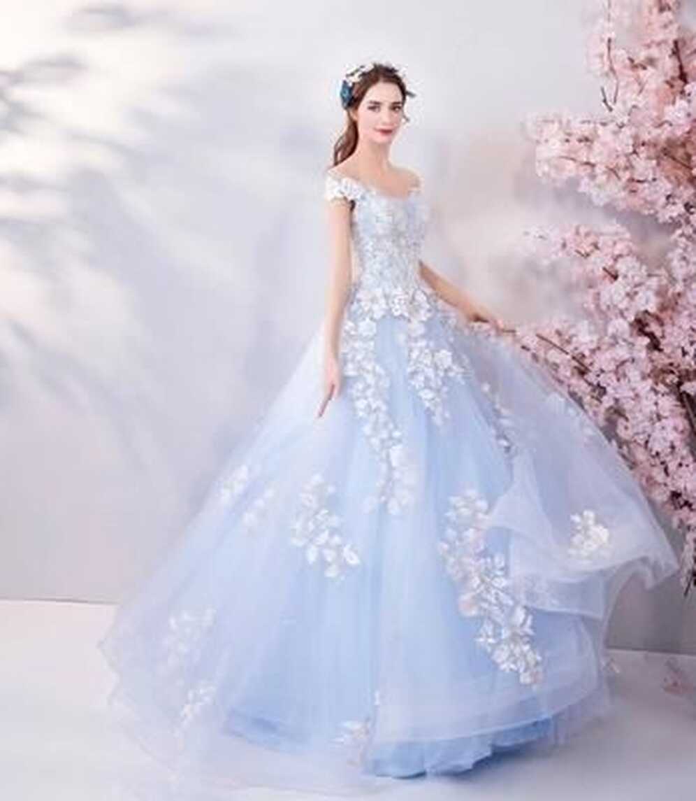 Ice Blue Elegantly Embroidered Court Dress