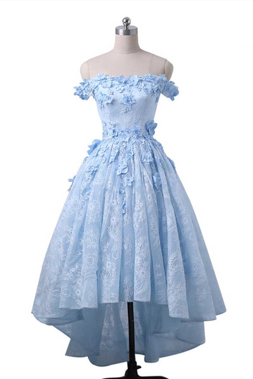 Ice Blue Off Shoulder Lace And Floral Cute Prom Dresses, Lovely ...