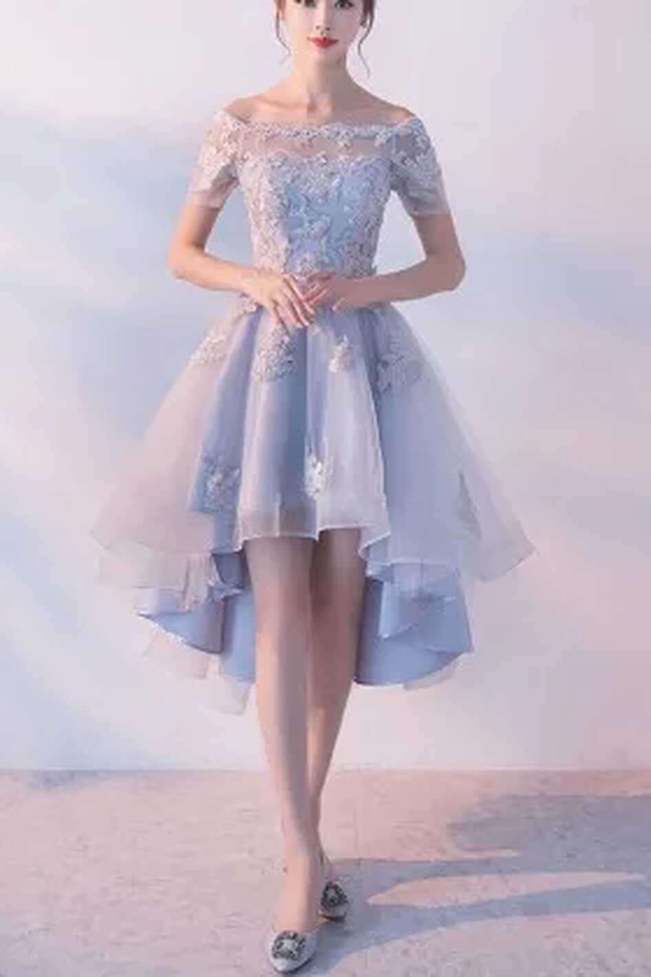 Ice Blue Satin Short High-low Cute Homecoming Dress - Promfy