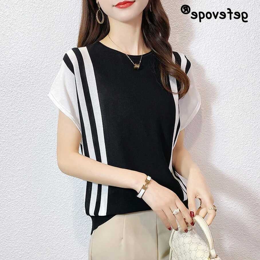 Ice Silk Knitted Striped Patchwork Elegant Simple O Neck Short ...