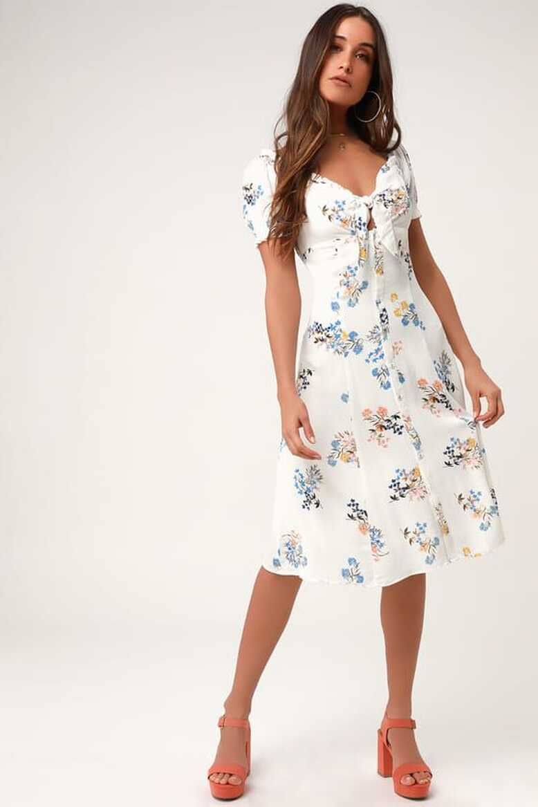 Ida White Floral Print Tie-Front Midi Dress | Midi dress, White ...