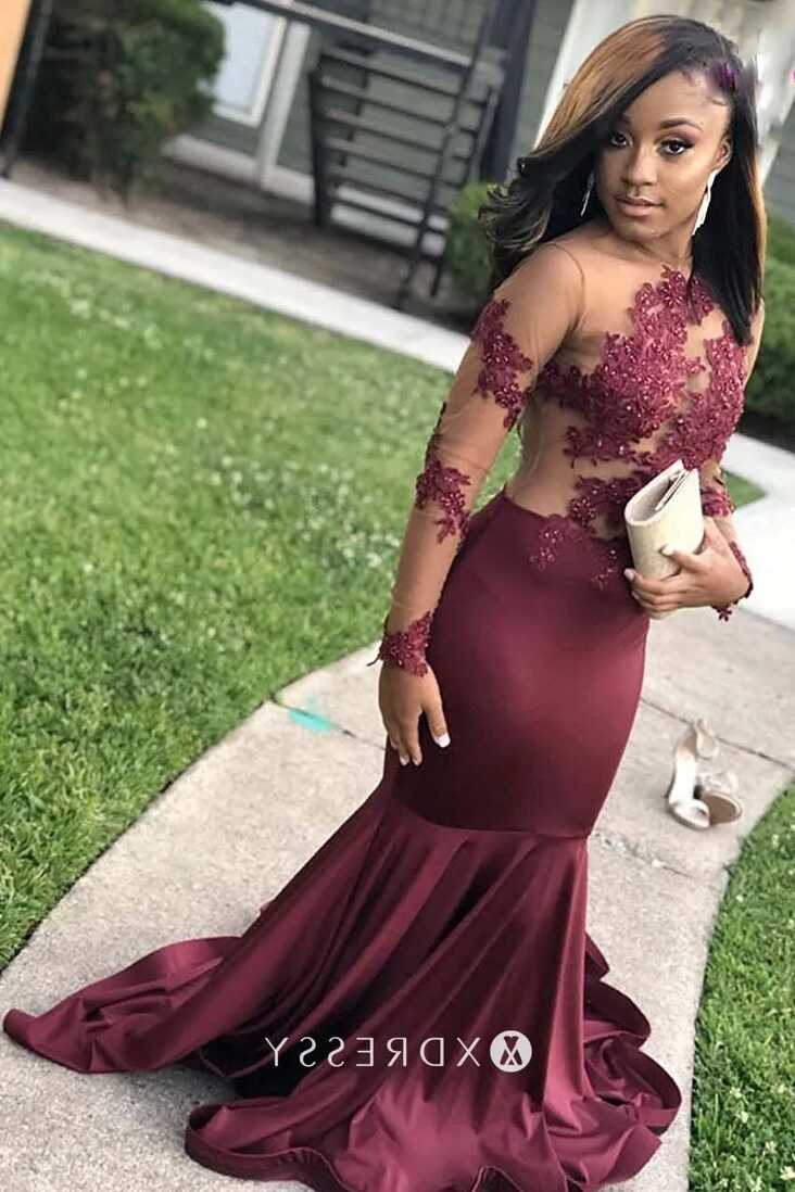 Illusion Lace Long Sleeve Maroon Satin Prom Dress - Xdressy