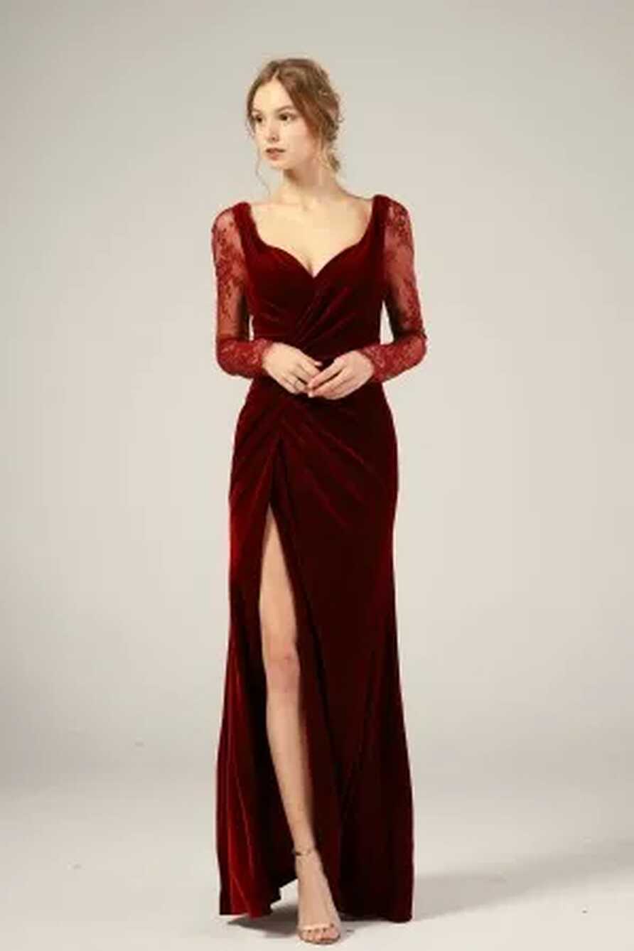 Illusion Long Sleeves Slit Dark Red Bridesmaid Dress - Xdressy