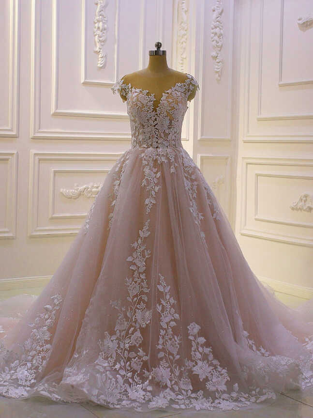 Illusion Neck Cap Sleeves Lace Tulle Fairytail Princess Wedding ...