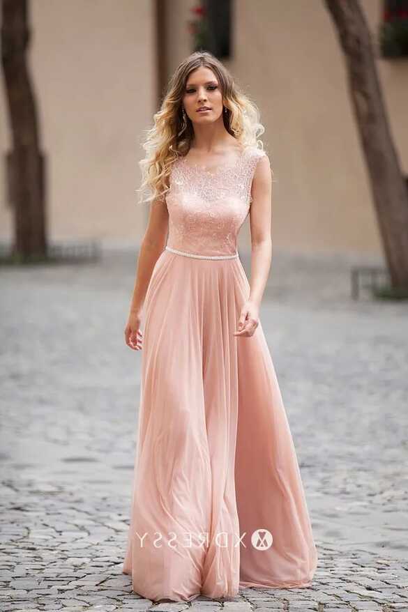 Illusion Neck Nude Lace Chiffon Wedding Guest Gown - Xdressy