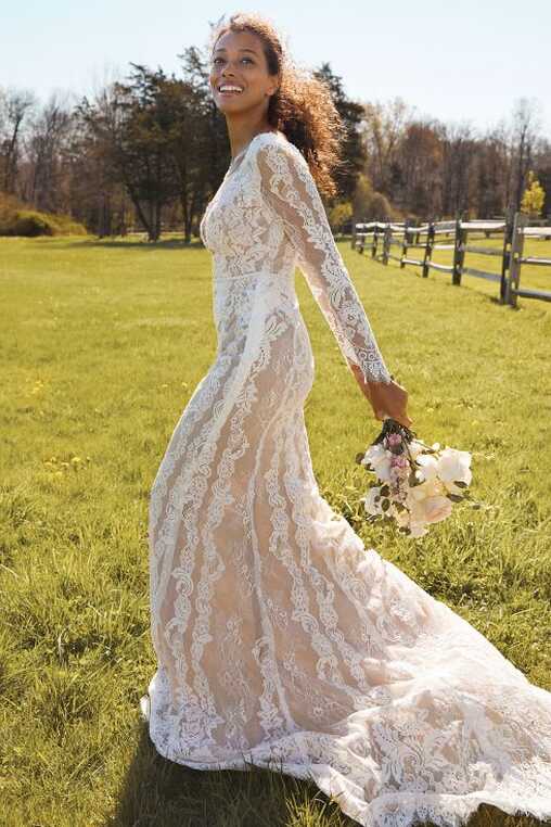 Illusion Plunge Long Sleeve Lace Wedding Dress | David&#39;s Bridal