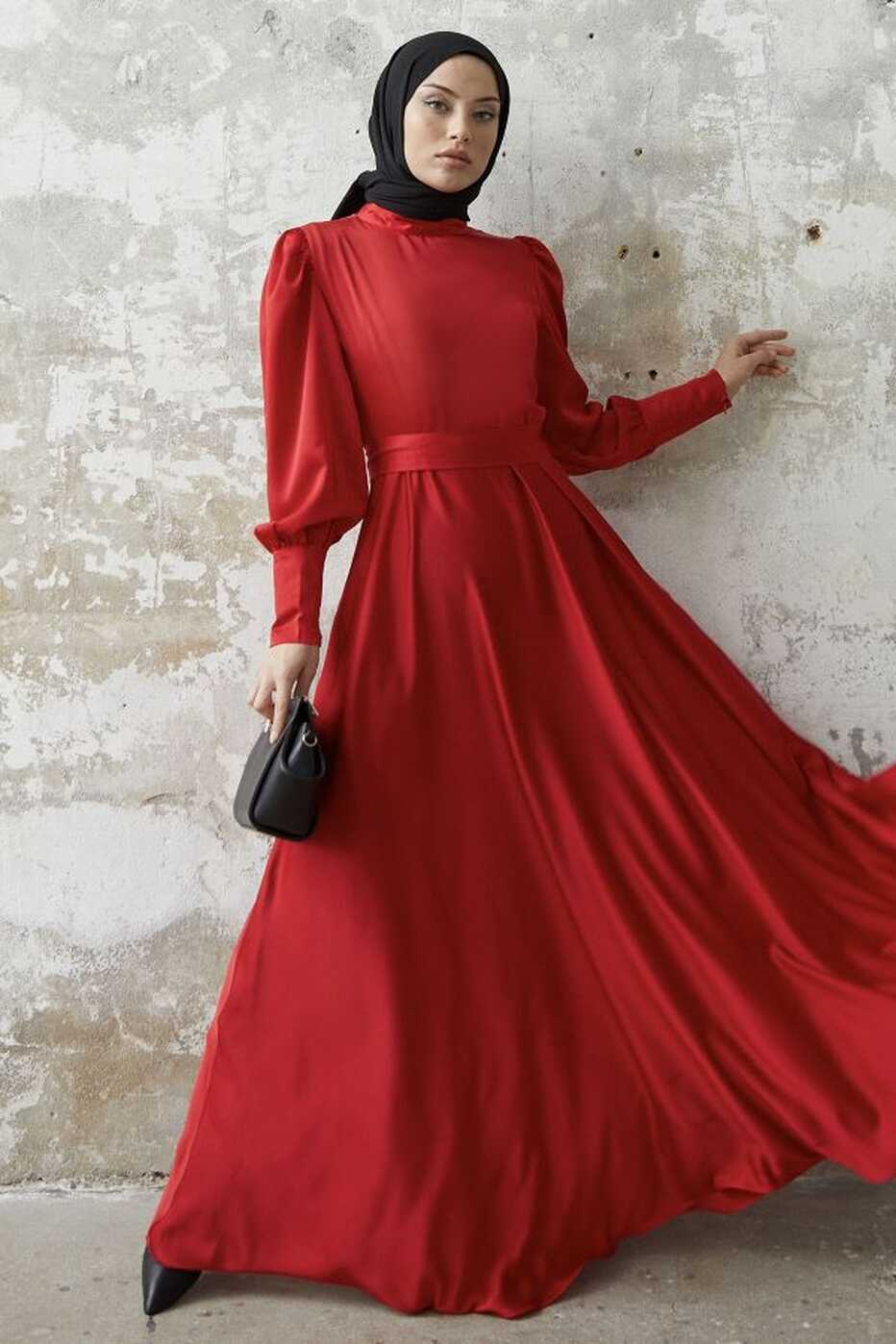 InStyle Sleeve Zippered Satin Dress - Red - Trendyol