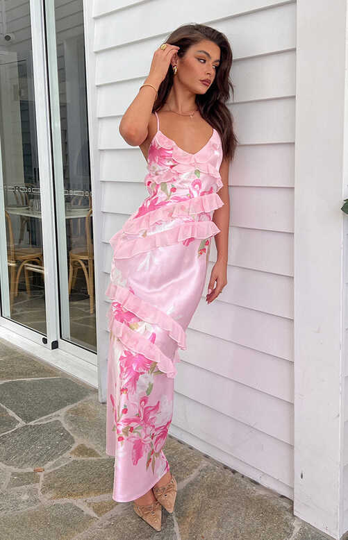 Inara Pink Floral Print Ruffle Maxi Dress – Beginning Boutique US