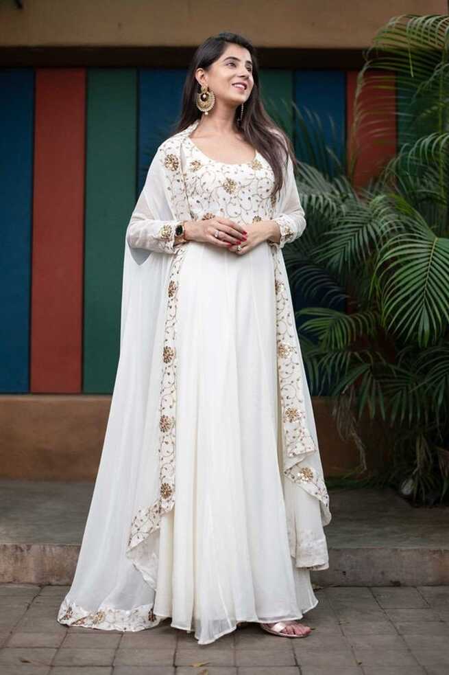 Indian Heavy Designer White and Golden Anarkali Gown With Jacket ...