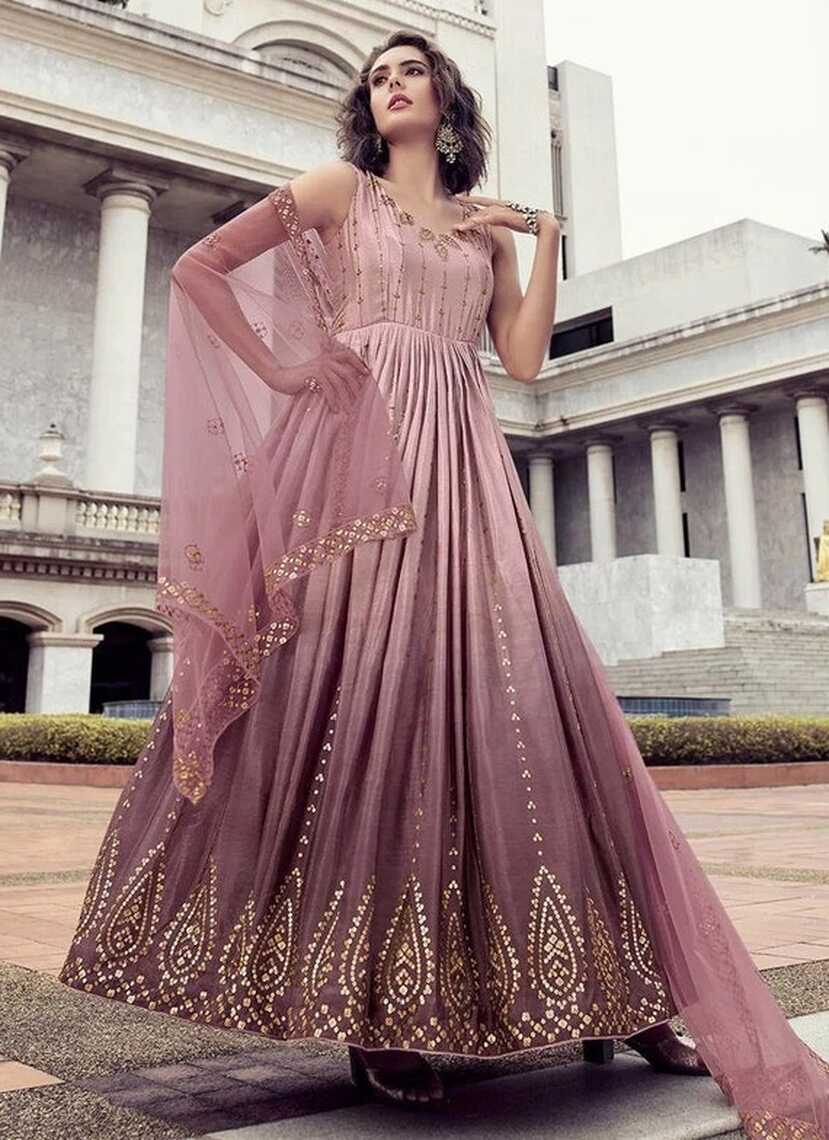 Indian Wedding Wear Peach Pink Colour Long Anarkali Gown for Women ...