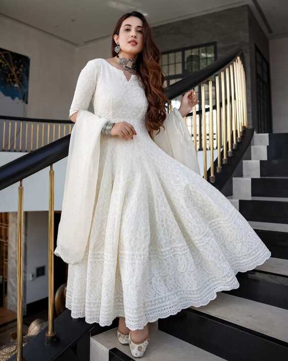 Indian Women White Stitched Anarkali Gown Kurta Set with Dupatta ...