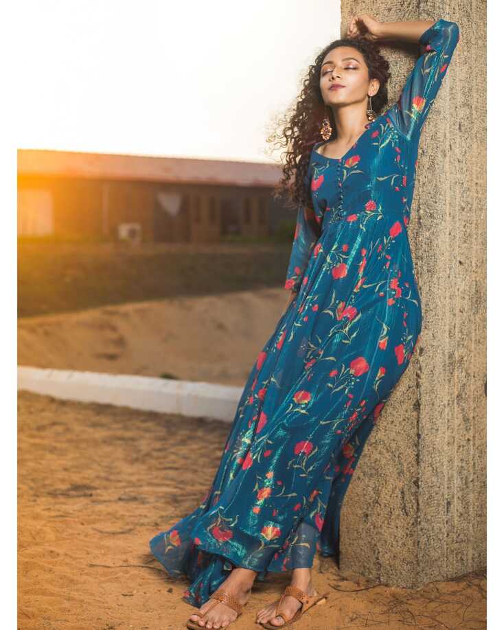 Indigo blue floral printed georgette dress by Niram | The Secret Label