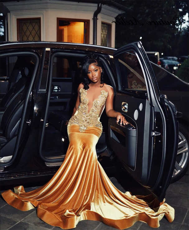 Invincible Gold Crystal Velvet Long Prom Dresses For Black Girls ...