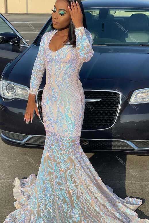 Iridescent Sequin Mermaid Long Sleeve Tailor Made Prom Dress