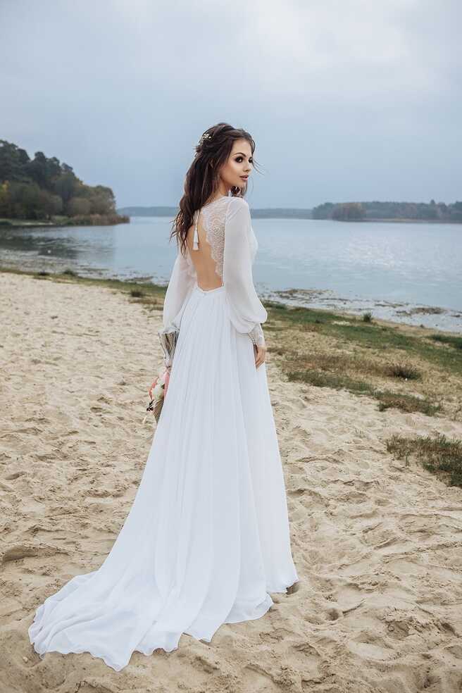 Ivory Boho Beach Wedding Dress. Unique Long Sleeves Hippie Winter ...