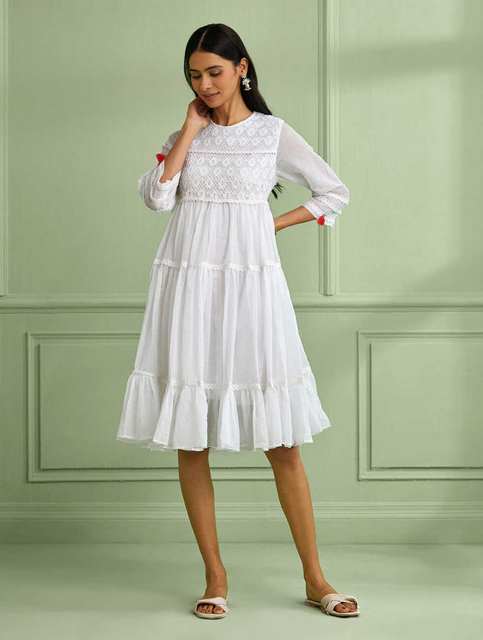 Ivory Knee Length Flowy Tiered Round Neck Dress For Women Perfect ...