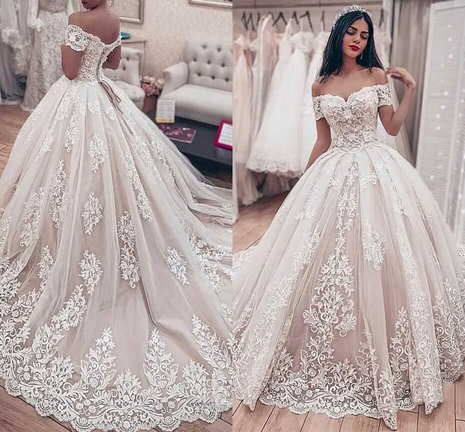 Ivory Lace Off Shoulder Princess Arabic Wedding Dress With ...