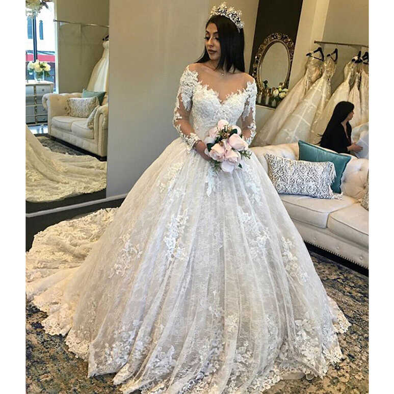 Ivory Lace Wedding Dresses Puffy Long Sleeves Floral Court Train ...