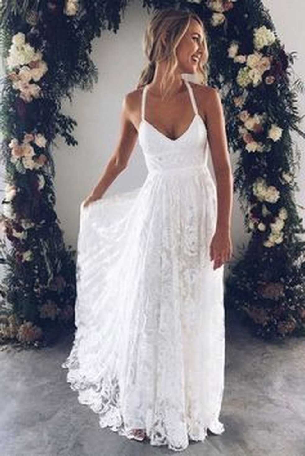 Ivory Spaghetti Strap Lace Open Back Side Split Long Beach Wedding ...