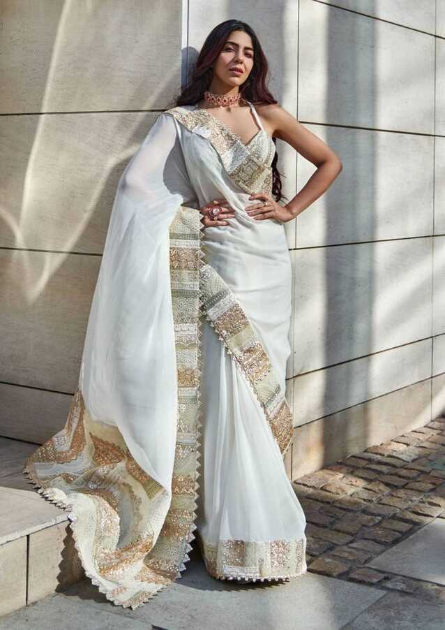 Ivory gold embroidered sari set - M