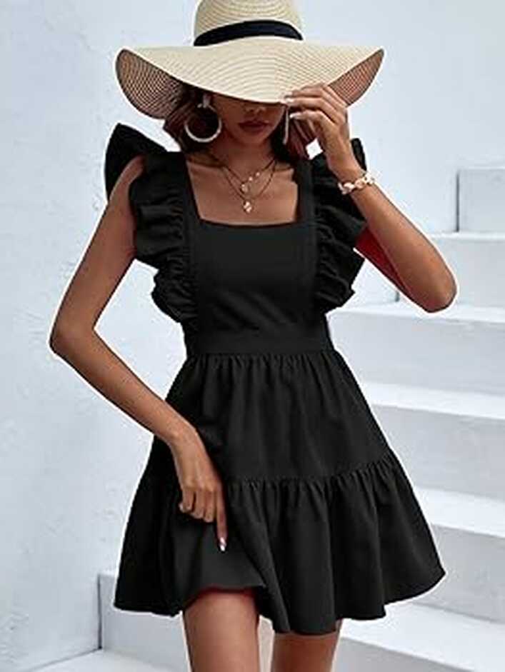 JAYAHO Black Dresses for Women Square Neck Ruffle Trim Ruffle Hem ...