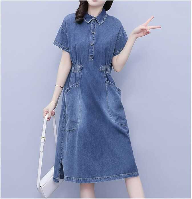 JHHDP Summer Denim Dress Women Casual Female Waist Short Sleeve ...