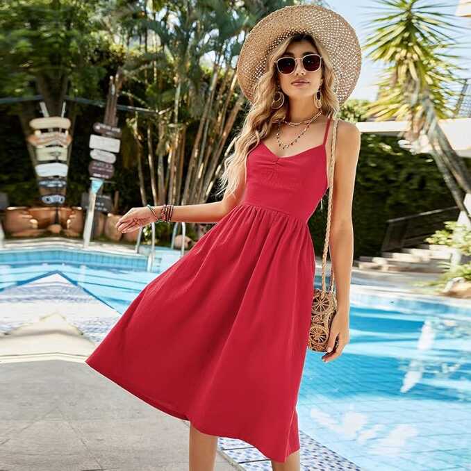 JIUE Dresses Women&#39;s Summer, Women&#39;s Red Plain V-Neck Backless ...