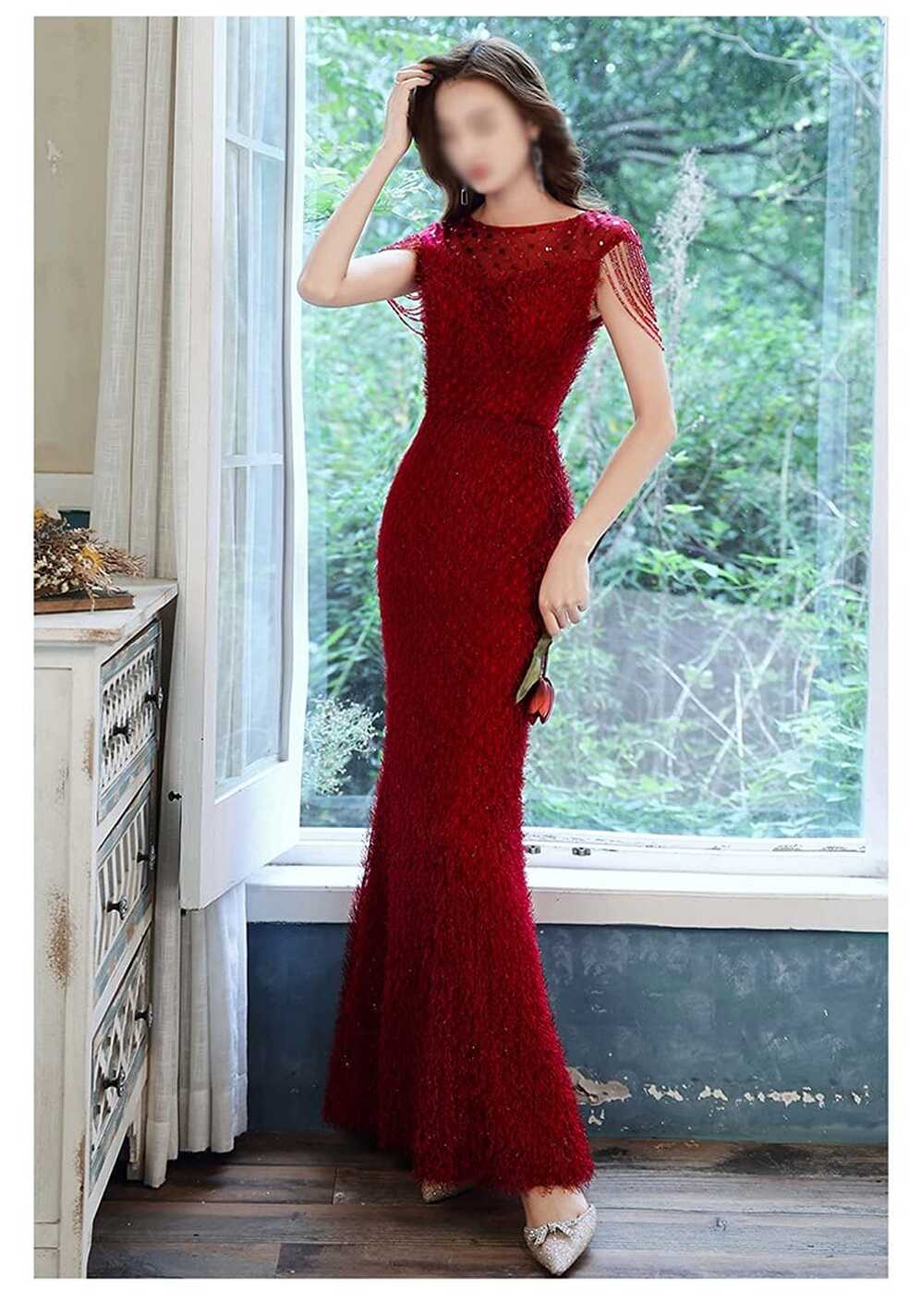 JJZXD Wine Red Mermaid Prom Dresses Elegant O-Neck Floor ...