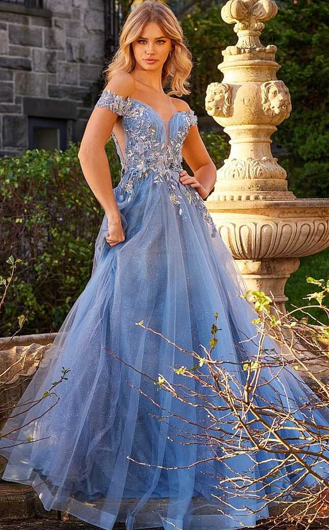 JVN23698 Sky Blue Floral Bodice Prom Ballgown | NorasBridalBoutiqueNY