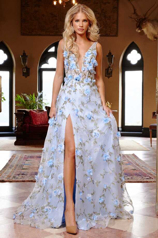 JVN23699 Light Blue 3D Floral A Line Prom Dress Plunging Neckline ...