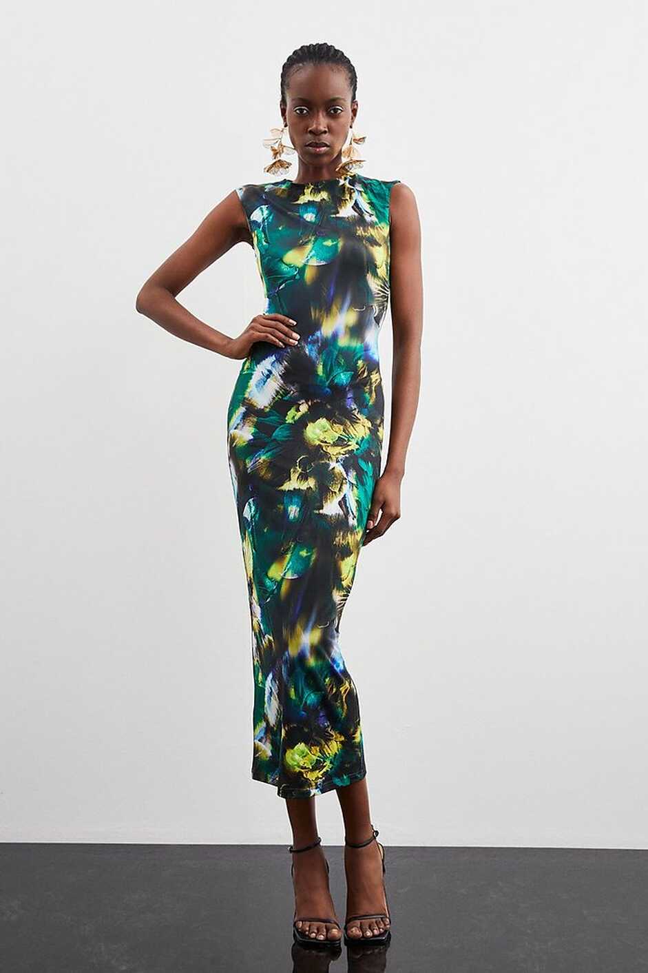 Jersey Abstract Floral Print Bodycon Midi Dress | Karen Millen