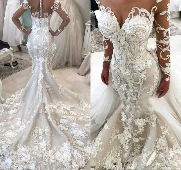 Jewel Poet Mermaid Applique Wedding Dress With Long Sleeves ...