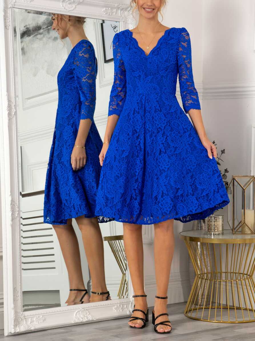 Jolie Moi Lace Knee Length Dress, Royal Blue