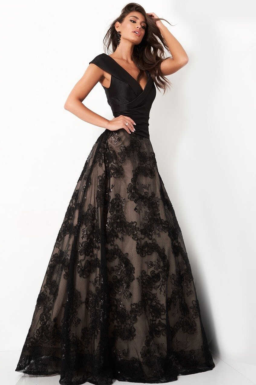 Jovani 03330 Black lace A line Evening Dress Satin Bodice Formal ...