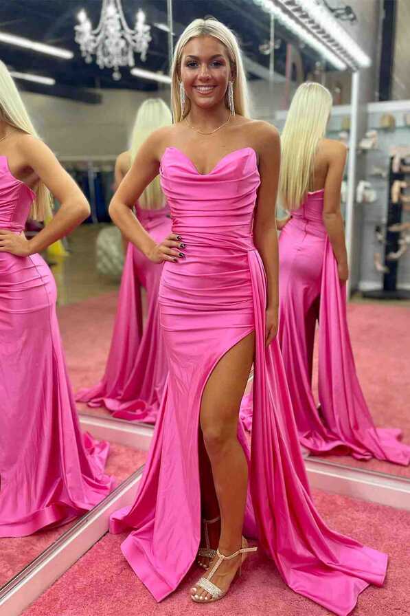 Jovie | Strapless Hot Pink Pleated Long Prom Dress with Slit ...