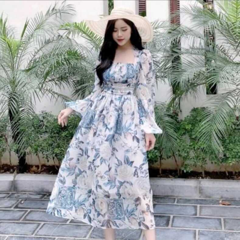 Jual Lux Korean Style Floral Vintage Midi Dress Lengan Panjang Di ...