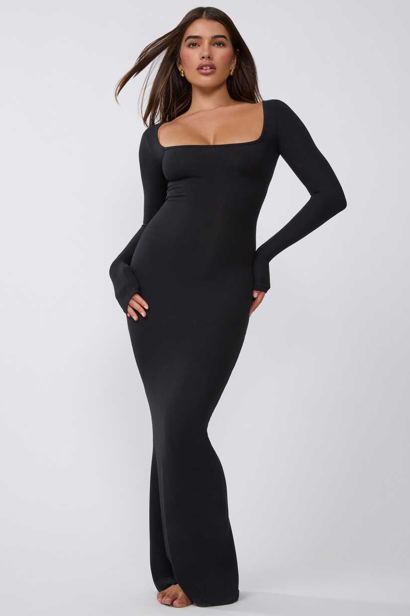 Jude Ribbed Modal Square Neck Long Sleeve Maxi Dress in Black | Oh ...